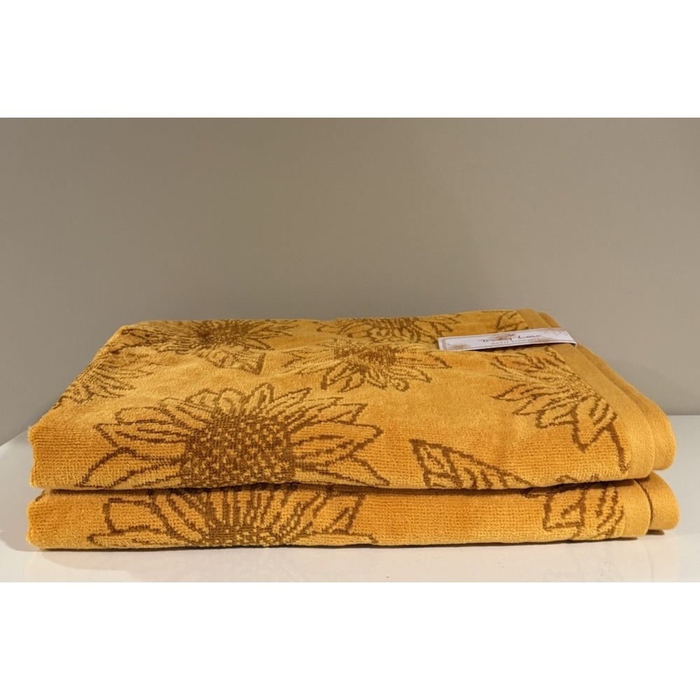 Truly Lou Bath Towels FALL Sunflowers Gold Brown Soft Velour Cotton 2 Pc NEW